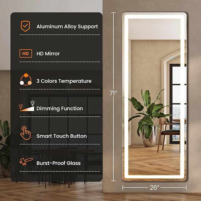 Full Length Mirror with Lights, Full Body Dressing Standing Mirrors with
