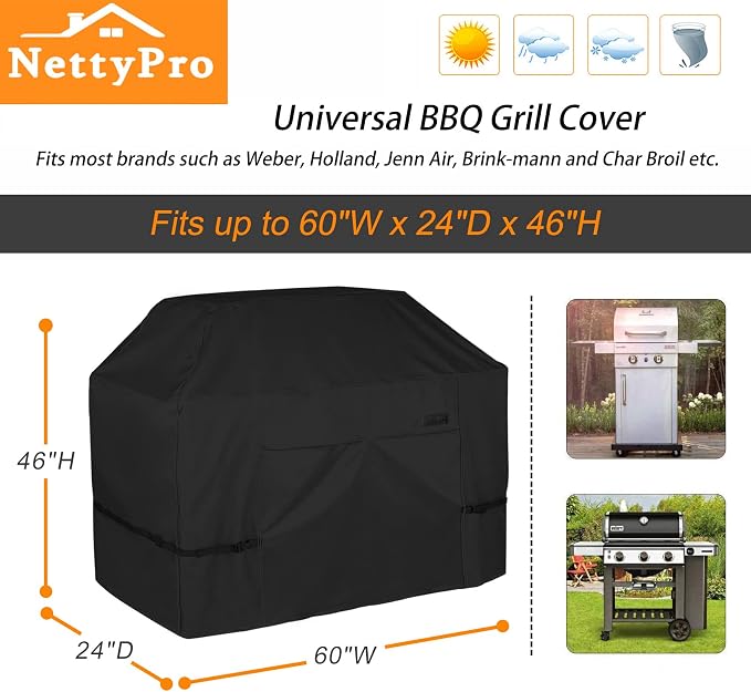 NettyPro Grill Cover for Outdoor Grill 60 inch Waterproof Heavy Duty Gas BBQ Cover for Outside Weber, Char-Broil, Brinkmann, Jenn Air, Nexgrill 3-4 Burners Barbecue, Black