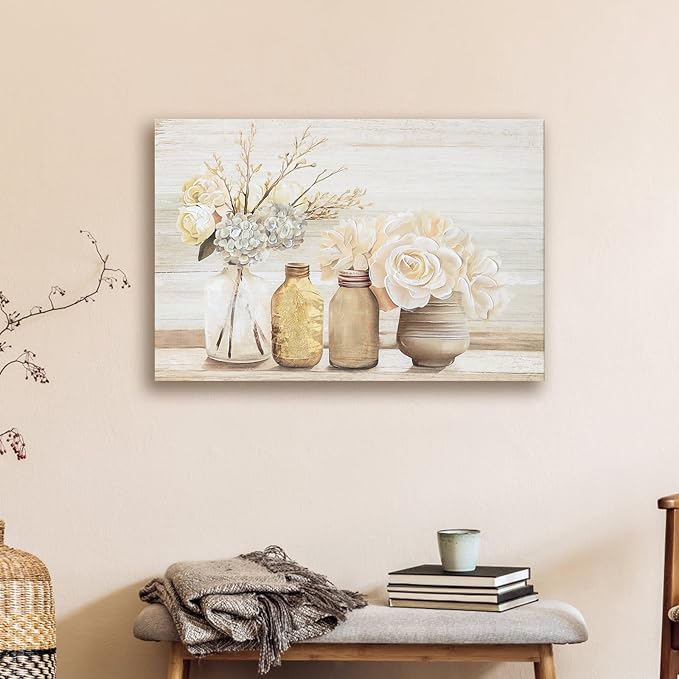 Farmhouse Floral Wall Art for bathroom, Flower Rustic Wood Board Canvas Wall decor Art hand paint Paintings Country Flower Pictures Posters Prints Artwork for living room Bedroom kitchen, 16L X 12W