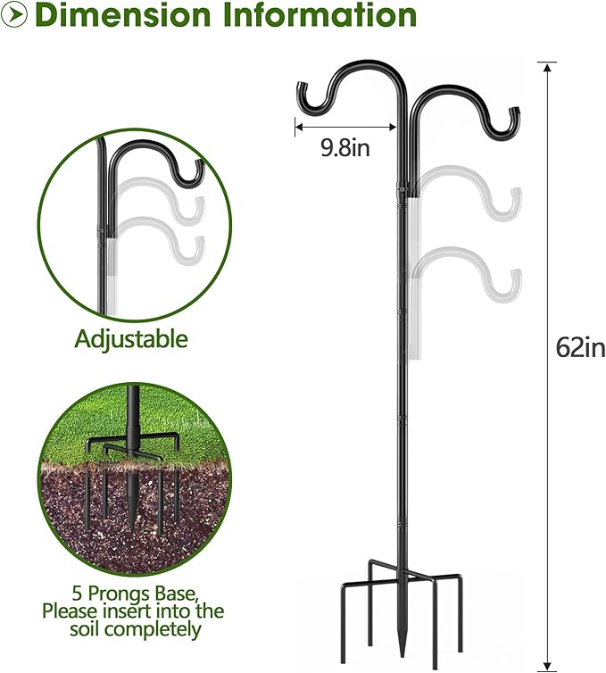 Double Shepherds Hooks for Outdoor, 60" Heavy Duty Bird Feeder Pole with 5 Prong Base, Adjustable Shepherds Hook for Bird feeders Outside, Garden, Weddings, Hanging Plants, 2 Pack, Black