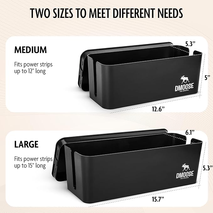 DMoose Cable Management Box - 2 Pack Medium & Large Cord Organizer for Desk & Floor, Cable Organizer Box for Child & Pet - Hider for Tidy Office & Home (Wood Print Lid, Black, Pack of 2)