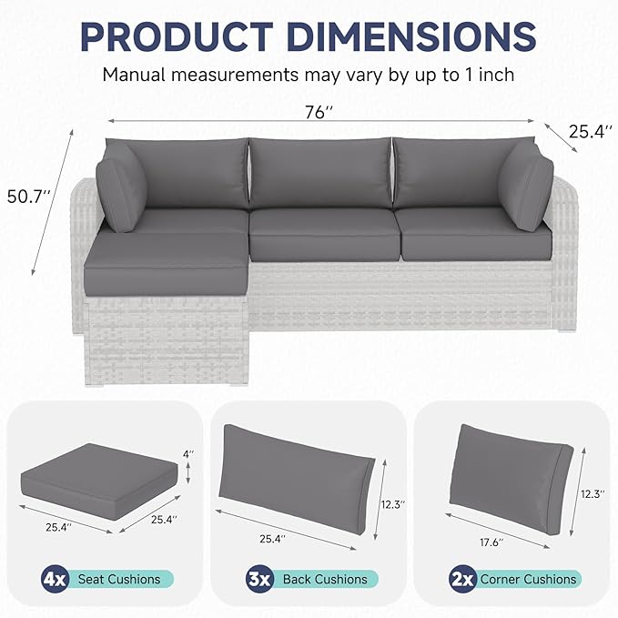 HOMREST Outdoor Couch Cushions 9-Piece Set – Water Repellent Patio Furniture Replacement Cushions for 4-Seat Rattan Wicker Sectional Conversation Set – Includes Seat & Back Cushions,Gray