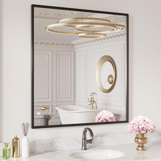 LOAAO 30"X36" Black Rectangle Bathroom Mirror Wall, Matte Black Aluminum Alloy