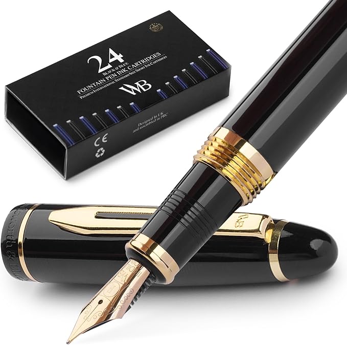 Wordsworth & Black Majesti Fountain Pen-(Black), Luxury Case, 24K Gold Finish; 18K Gilded Fine Nib-Ink Cartridges, Refillable Ink Converter-Calligraphy Pen-Best Business Gift Set for Men & Women