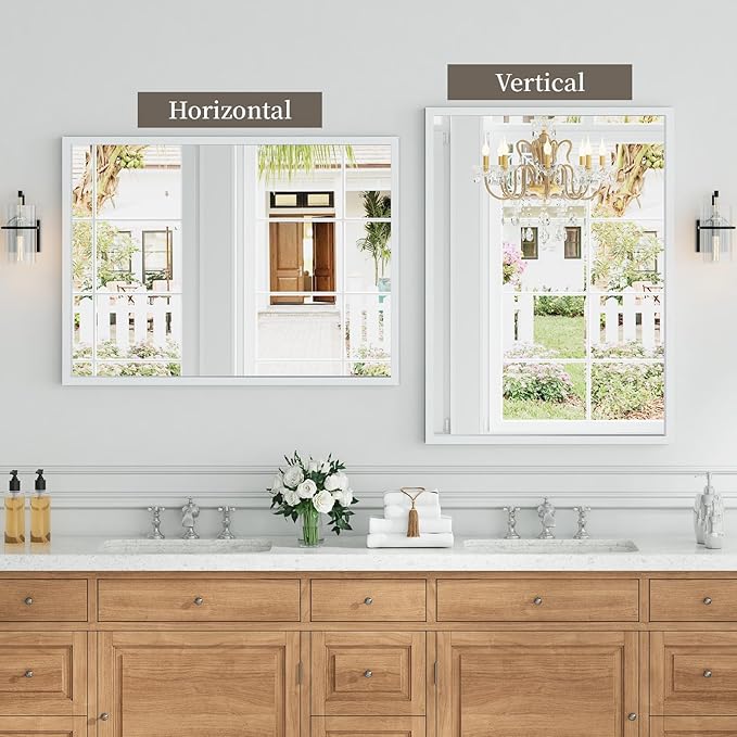 Syndra White Wood Frame Bathroom Mirror, Waterproof Slim Deep Frame,