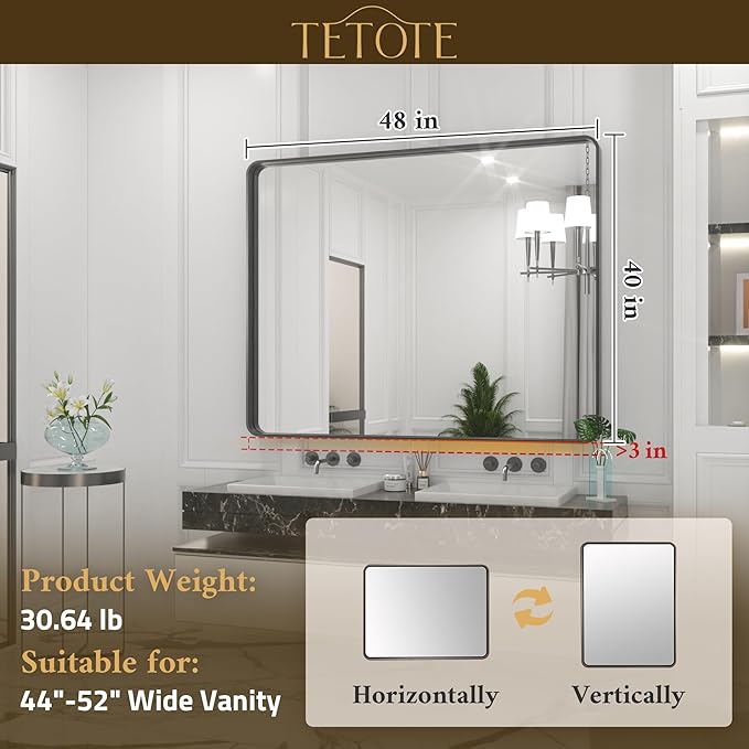 TETOTE 48 x 40 Inch Black Frame Mirror, Bathroom Vanity Mirror