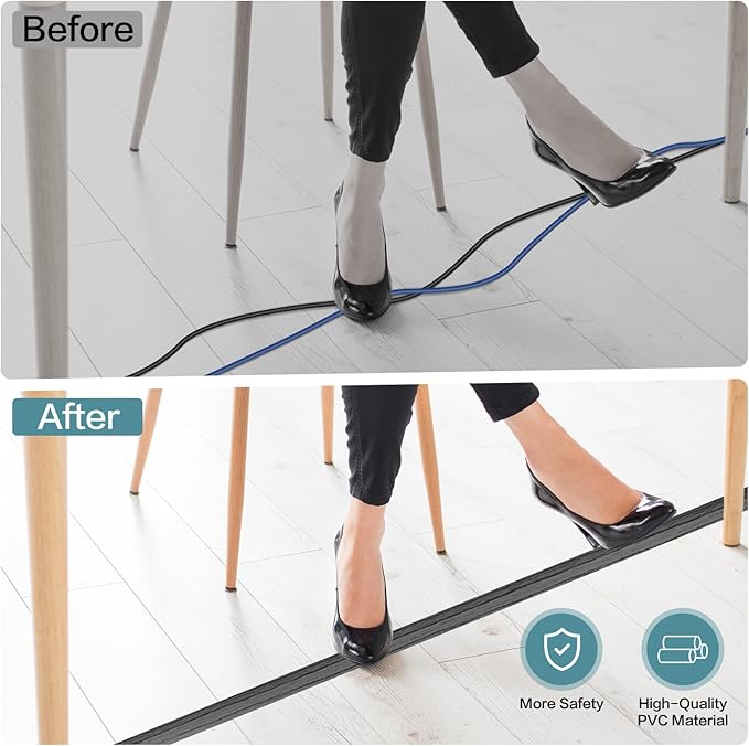 Floor Cord Cover Self Adhesive Cord Hider Floor Extension Cord Covers for Floor Power Cord Protector Cable Management Prevent Cable Trips Cable Cavity 0.47" W x 0.27" H (Deep Grey Wood, 3.3Ft)