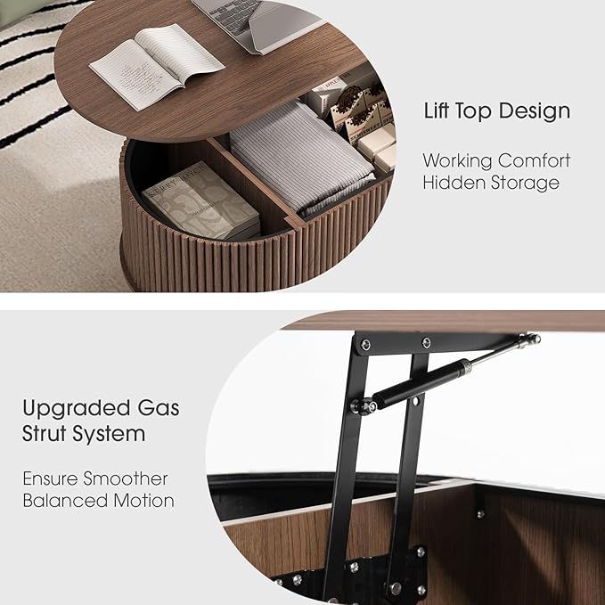 JOINICE 42.5" Oval Lift Top Coffee Table with Storage, Mid Century Modern Walnut Center Table with Fluted Design, Solid Wood Legs & Hidden Compartment, Pop Up Cocktail Table for Living Room