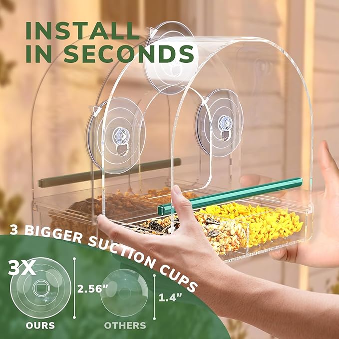 SUNALLY Window Bird Feeder for Outdoors, Clear Feeders Window Mounted with Strong Suction Cups, Fummingbird Feeder for Viewing Inside, Oriole, Finch Bird Watching for Cats, Elderly, Kids