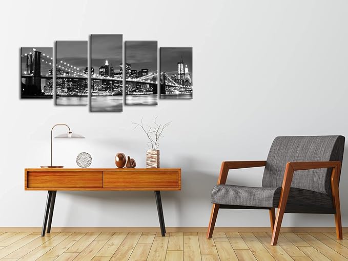 Wieco Art New York Brooklyn Bridge Canvas Wall Art Night View 5 Panels Modern