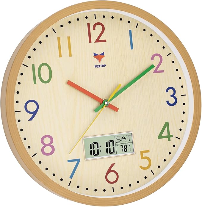 Foxtop Digital and Analog Kids Wall Clock 12 Inch Silent Non-Ticking Battery