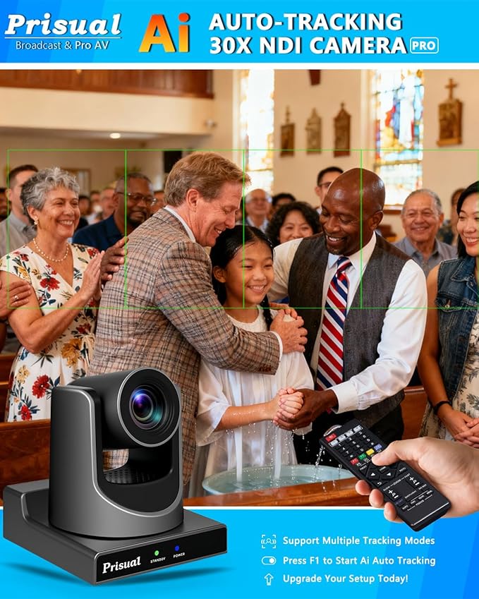 Prisual NDI PTZ Camera System Gen 5, 30X Optical Zoom, NDI 6 & NDI HX3 Certified, AI Auto Tracking, PoE HDMI Bundle PTZ for Church Worship,NDI PTZ Controller, (NDI PTZ Bundle TEM-30N PROx2+TEM-JOY1)