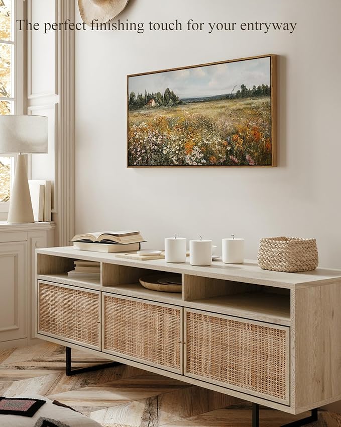 InSimSea Extra Large Framed Vintage Wall Art, Living Room Country Farmhouse Decor, Wildflower Meadow Landscape Canvas Prints, Retro Cottage Long Pictures for Bedroom Above of Bed, 20x40inch