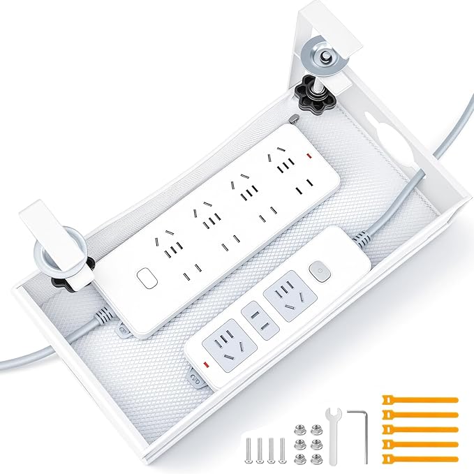 Extra Wide Under Desk Cable Management - No Drill Installation Cable Management Tray, Modern Cord Organizer for Office/Home Desk, Fits Power Strips & Wires((White, XL)