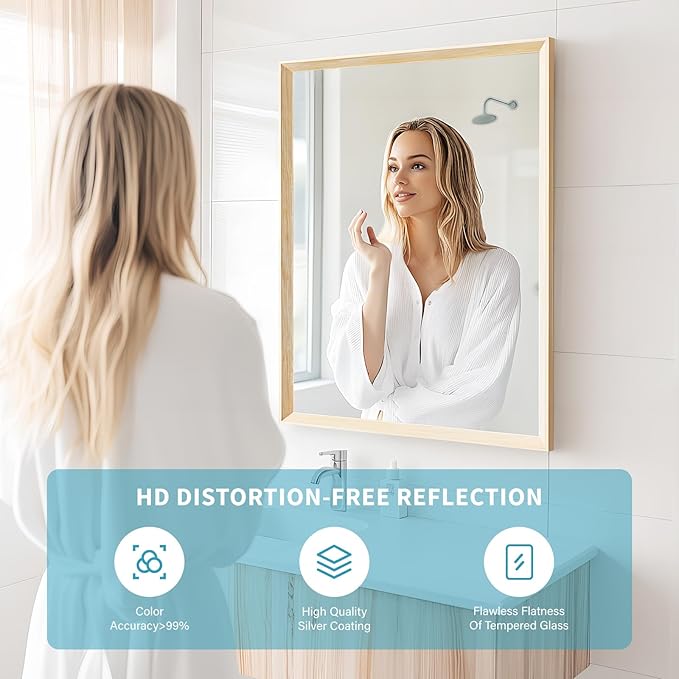 Oak Wood Effect Framed Wall Mirror, 32x40 Rectangle Mirror, Anti-desilvering