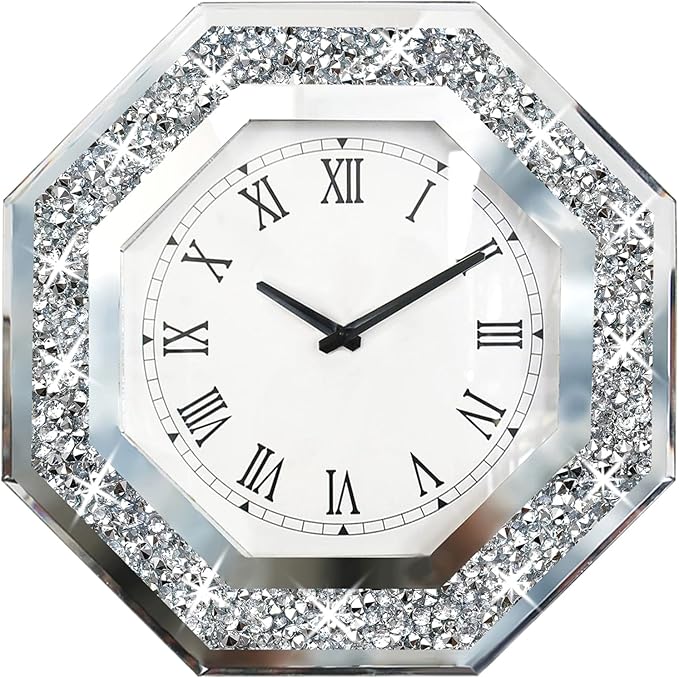 Wall Clock, Octagon Mirror Glass Clock, Cute Diamond 12-inch Non-Ticking Clock