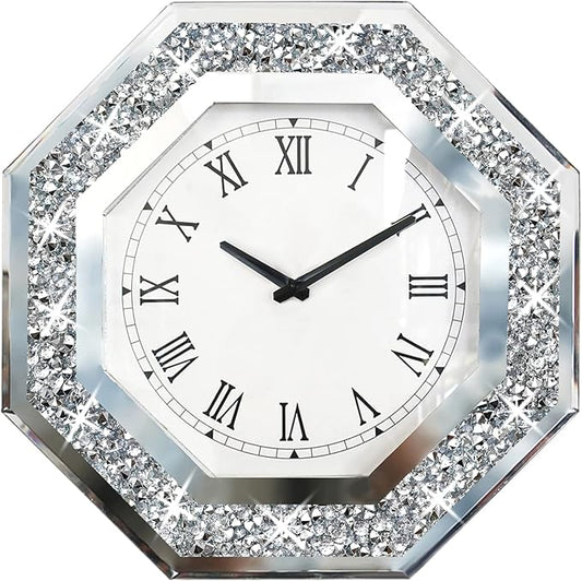 Wall Clock, Octagon Mirror Glass Clock, Cute Diamond 12-inch Non-Ticking Clock