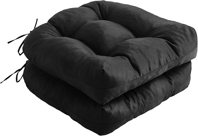 IPYNBAP Outdoor Chair Cushions Set of 2, Patio Chair Cushions with Ties, 17x17+4â Tufted Outdoor Seat Cushions, Waterproof Patio Furniture Cushions, Outdoor Dining Chair Pads, Black