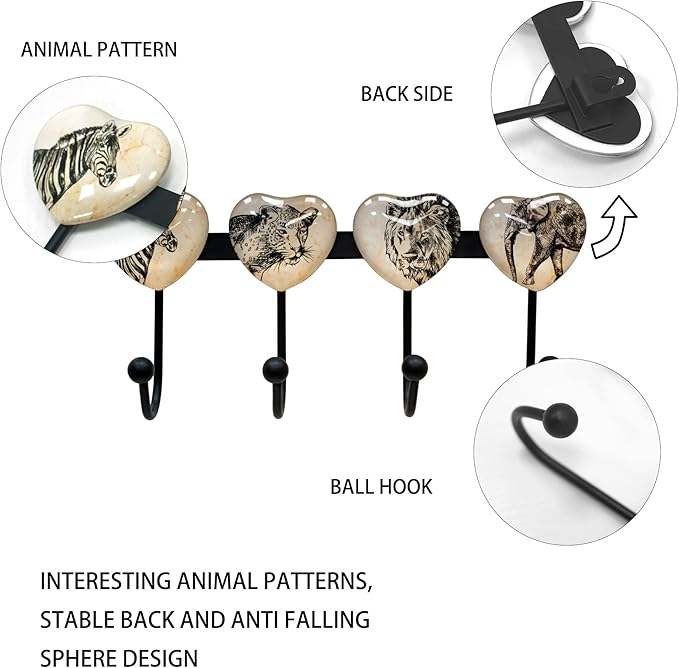 Coat Rack Wall Mounted with 4 Hook, Heart Glass Finishes Animal Pattern