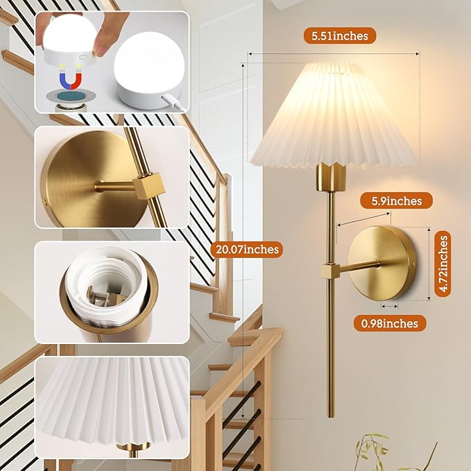 Gold Wireless Wall Sconce Sets of 2, Pleated Shades Rechargeable Battery