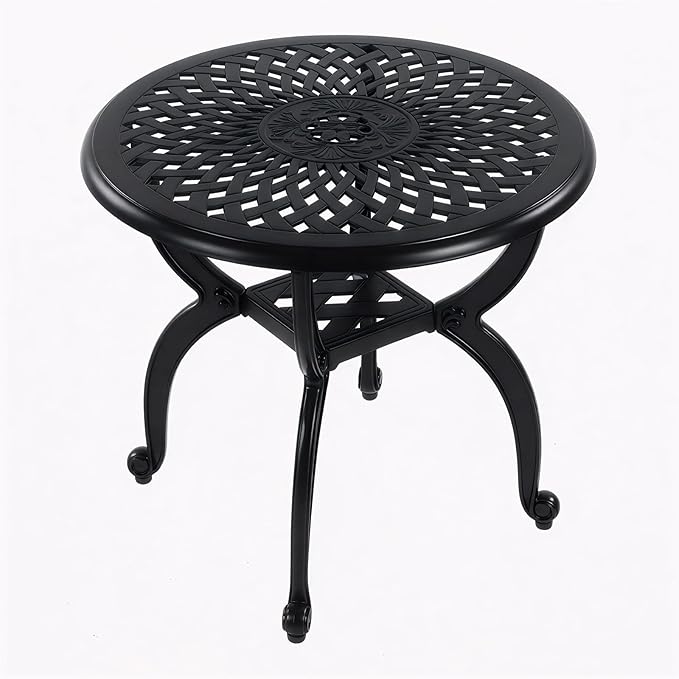 Cast Aluminum Outdoor Side Table, All Weather Round Small Coffee Table for Patio,Park,Lawn,Yard (21" Black)