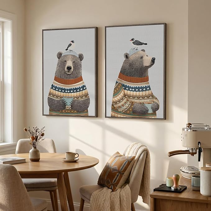 Framed Boho Animal Wall art for Nursery Decor, 2 Piece Rustic Bird Bear Canvas