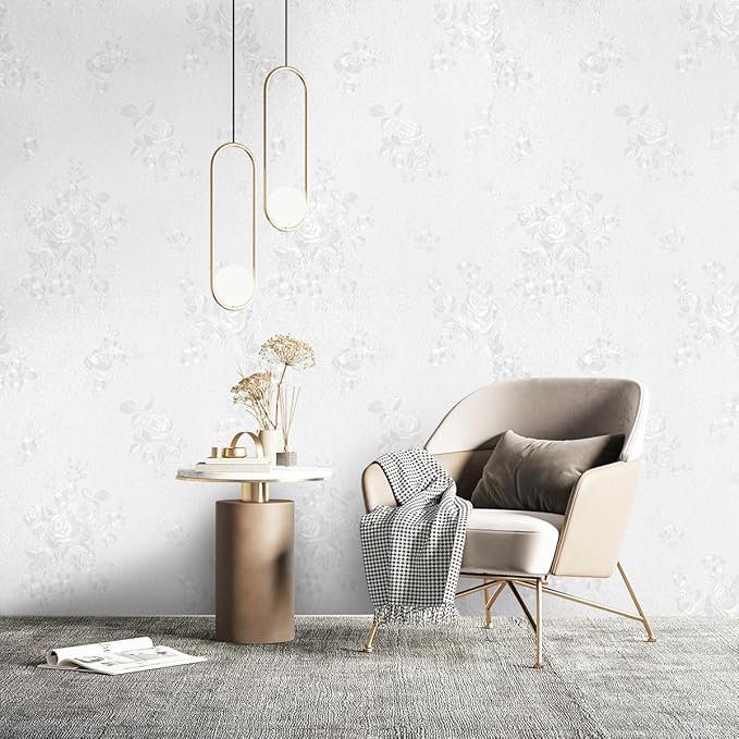 Erfoni White Embossed Peel and Stick Wallpaper Textured Floral Contact Paper