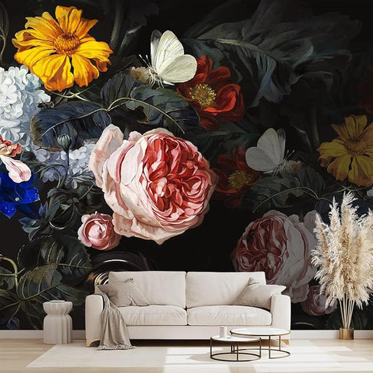 Vintage Black Flowers Mural Bedroom Peony Floral Wallpaper Room Decor Living