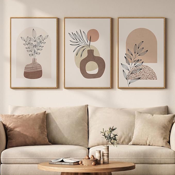 Framed Neutral Boho Wall Art Bedroom, 3 Piece Abstract Bohemian Brown Botanical