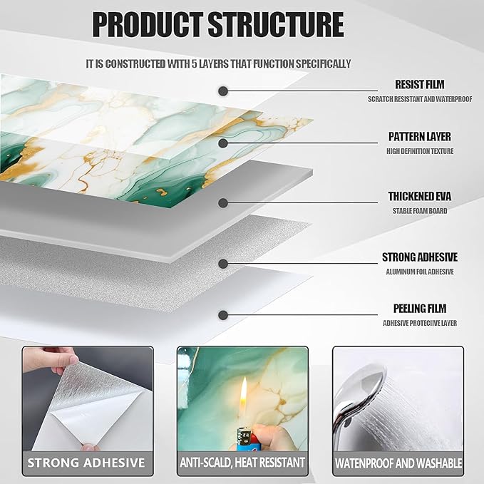 10pcs Peel and Stick Tile Shower Waterproof Marble Tiles Wall Panels,