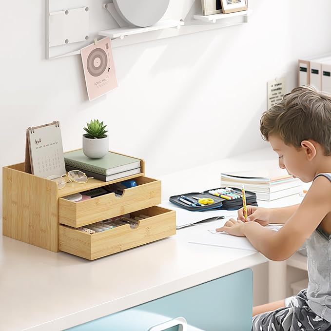 Bamboo Desk Organizer with Drawers Desktop Storage Drawers for Bills Office Supplies Kitchen Utensils Organizing Tool for Home Classroom Organization No Assembly (Nature 2 Drawer)