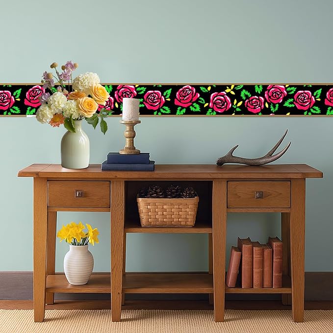 Red Rose Wall Border 196x4 Inch Peel and Stick Floral Wallpaper Border Black