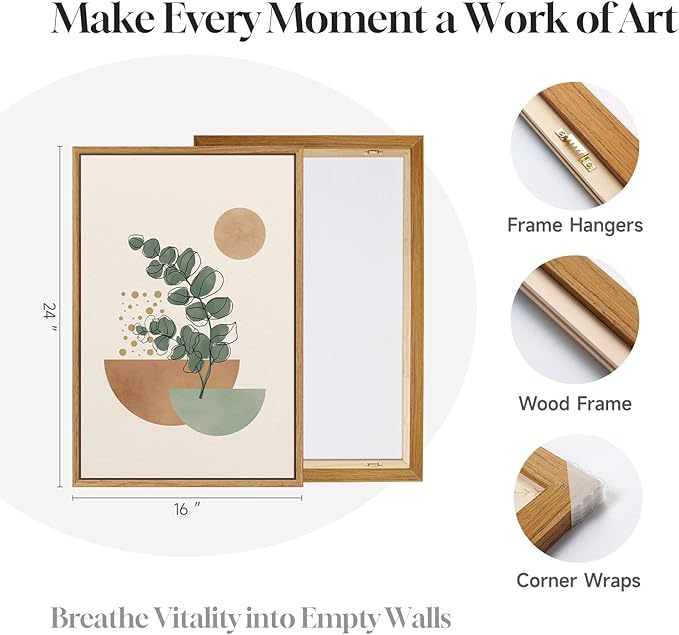 Framed Abstract Boho Wall Art for Living Room, Large Botanical Sage Green Plant