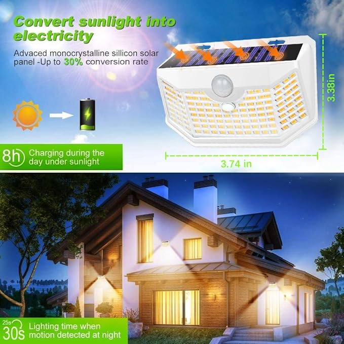 HMCITY 120 LED Solar Lights Outdoor with Motion Sensor and 3 Lighting Modes, IP65 Waterproof Wide Solar Wall Lights Ideal for Garden Patio Yard (Front Button 4Packs, White Shell-Warm White)