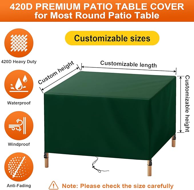 Patio Furniture Cover Rectangle 84"(L) x 36"(W) x 32"(H), Custom Heavy Duty 420D Waterproof Outdoor Cover with Drawstring & Buckles for Table Chair Garden, Green