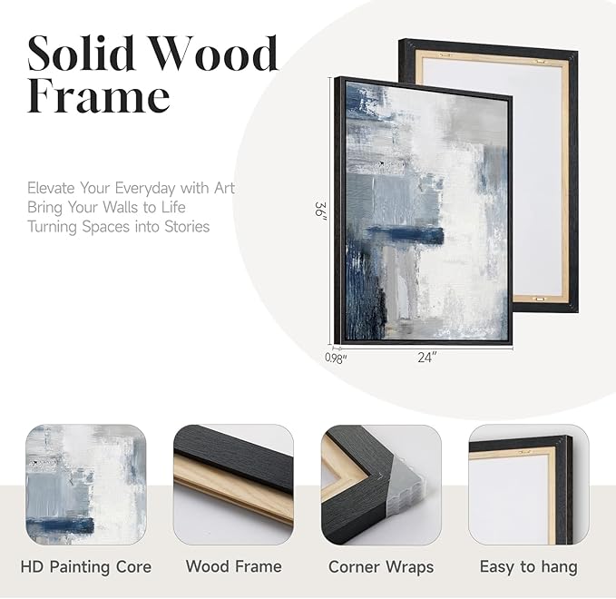 Large Framed Blue Gray Abstract Wall Art Set of 2, Modern Canvas Artwork