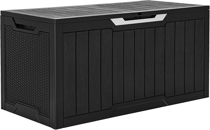 YITAHOME 100 Gallon Large Outdoor Storage Box, Water Resistant Resin Deck Box w/Silver Decorative PVC Trim Pane, Lockable Rattan Storage Container for Patio, Garden, Cushions, Tools(Black & Silver)