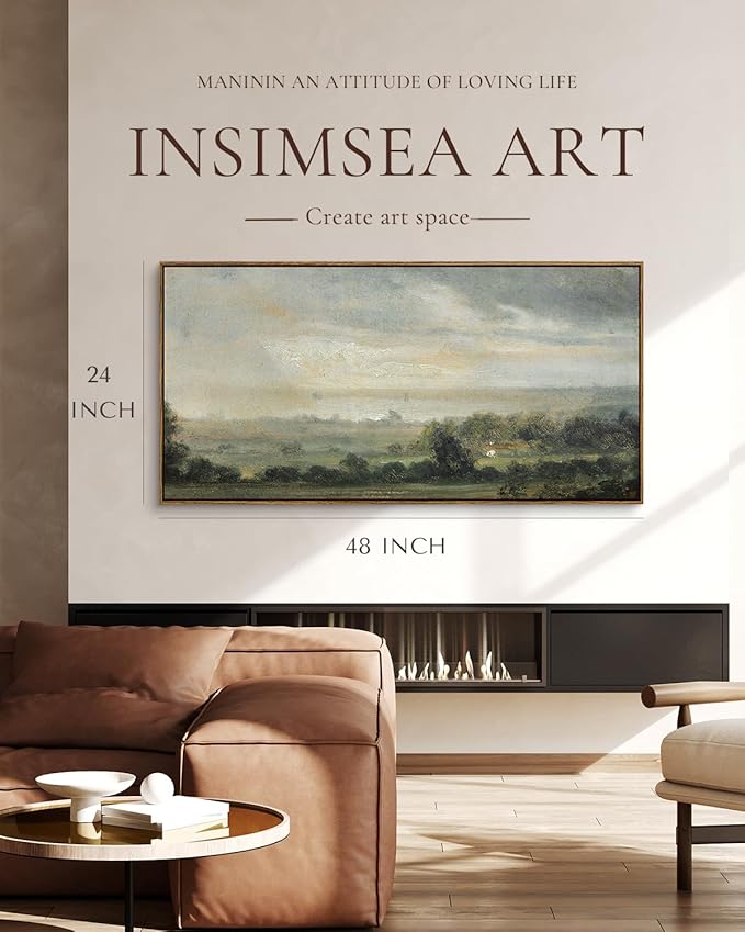 InSimSea Extra Large Framed Vintage Wall Art, Living Room Country Farmhouse Decor, Wild Field under Sky Landscape Paintings, Canvas Prints, Scenery Long Picture for Bedroom Above of Bed,24x48inch