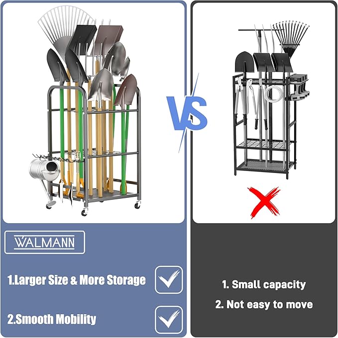 WALMANN Garden Tool Organizer with Wheels for Garage, Rakes/Shovels/Yard Tools Stand for Garden, Shed, Indoor/Outdoor Long-Handled Tools Rolling Cart(Small)
