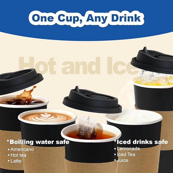 Coolcap 20 oz 50 Pack Coffee Cups with Lids and Sleeves, Straws, Hot Disposable To Go Travel Paper Cups Bulk for Office, Home Coffee Bar Accessories, Chocolate, Cocoa, Beverage (Black)