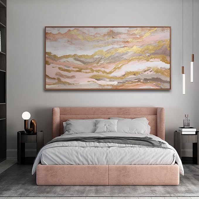 Abstract Pink Canvas Wall Art Framed Gold Abstract Line Artwork