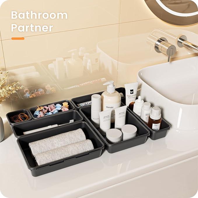 A-LuGei 【𝟮𝟴𝗣𝗖𝗦】 【𝟱𝗦𝗶𝘇𝗲】 Black Drawer Organizer, Makeup organizer, 【Holds 177 Items】 Bathroom Organizers and Storage, Plastic Desk Organizer Divider, Organizer Bins for Office Vanity