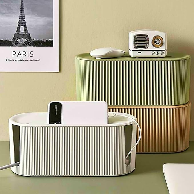 Cable Management Box,Desk Cord Organizer with Groove Cover,Plastic Cord Hider Box,Large Cable Box Organizer,Power Socket Management for TV/Computer/Router/Games Console Cable Storage (Milk Tea)
