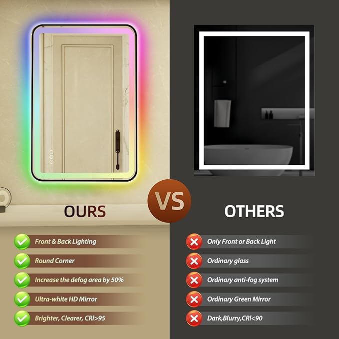 24x36 Inch Black Framed LED Bathroom Mirror