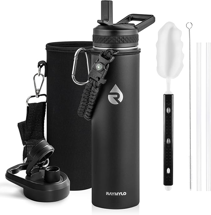 Insulated Water Bottle 24oz, Triple Wall Vacuum Stainless Steel (Cold for 48 Hrs, Hot for 24Hrs), Leak Proof & Non-BPA, 24oz Hydro Water Flask with Paracord Handle & Straw Spout Lids