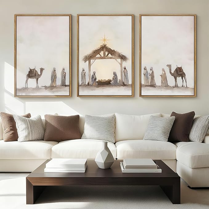 Anyzal Large Jesus Framed Wall Art 16x24 Inch Easter Catholic Nativity Scene Canvas Wall Decor Christian Religious Painting for Living Room Bedroom Dining Room Set of 3