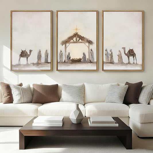 Anyzal Large Jesus Framed Wall Art 16x24 Inch Easter Catholic Nativity Scene Canvas Wall Decor Christian Religious Painting for Living Room Bedroom Dining Room Set of 3