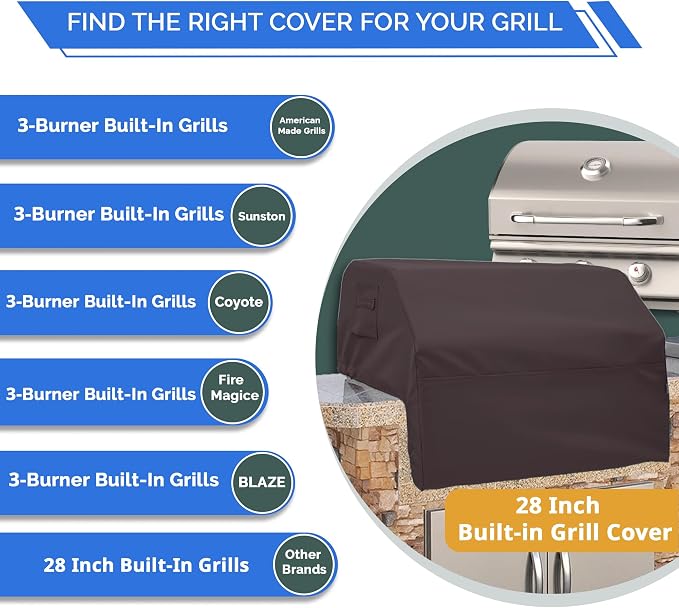 Covers & All Built-in Grill Cover for Outdoor Grill – Heavy Duty 12 oz Waterproof Built-in BBQ Grill Cover, PVC-Coated Polyester with Elastic Hem for Snug Fit (28 x 24 x 26 inches, Coffee)
