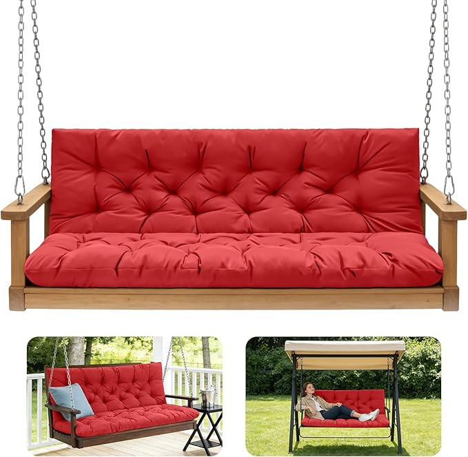 Porch Swing Cushions,Outdoor Cushions 3 Seater Replacement with Backrest, Waterproof Thickened Bench Cushion with Ties for Porch, Patio,Outdoor, Backyard and Garden (Red 47 * 40 in)
