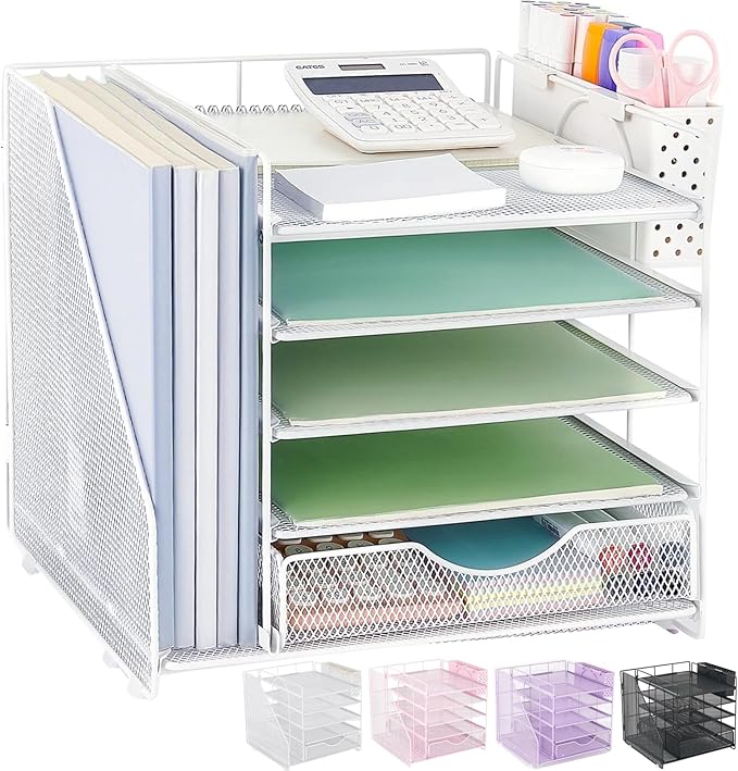 OUTIOE Desk Organizer with Drawer and Pen Holder, 5-Tier Paper Letter Tray Organizer with File Holder, Suitable for Workspace Organizer Office Supplies Storage (White)